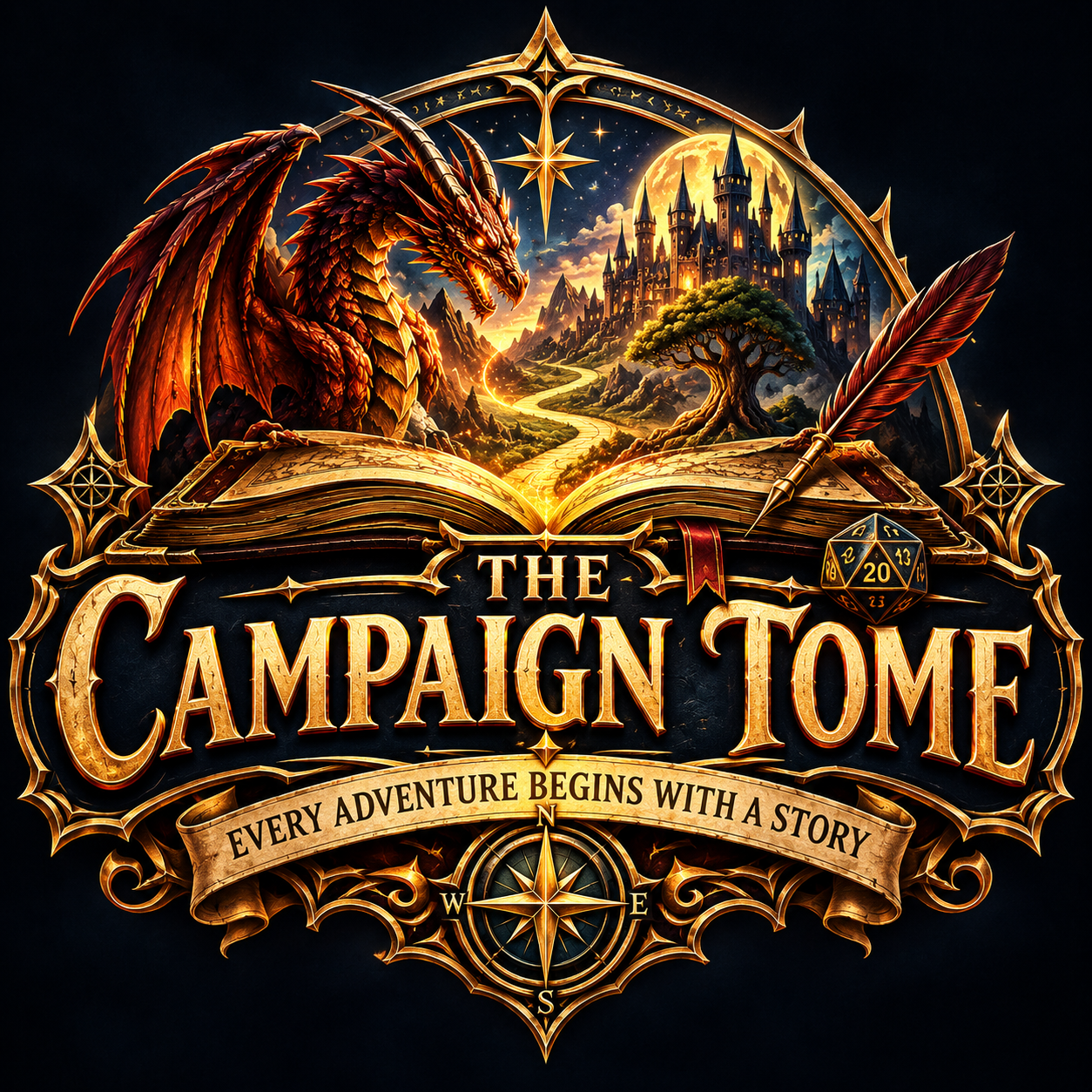 The Campaign Tome crest: a dragon, a castle, and a golden quill rising from an open book.